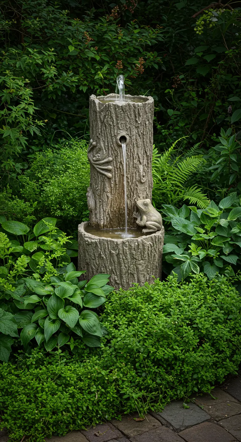 Ein Froschbrunnen in Baumstamm-Optik, umgeben von dichtem, grünem Blattwerk.