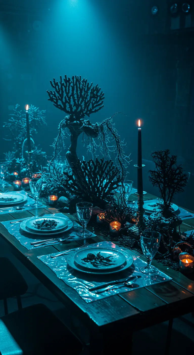 Dunkler Tisch in blauem Licht mit schwarzen Korallen als Centerpiece und hohen Kerzen.