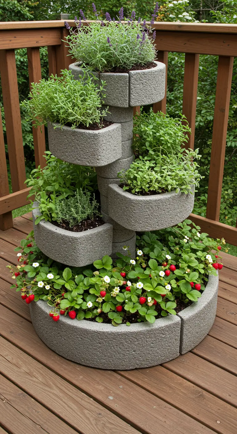 Kompakte, etagenförmige Kräuterspirale aus Betonmodulen, bepflanzt mit Kräutern und Erdbeeren.