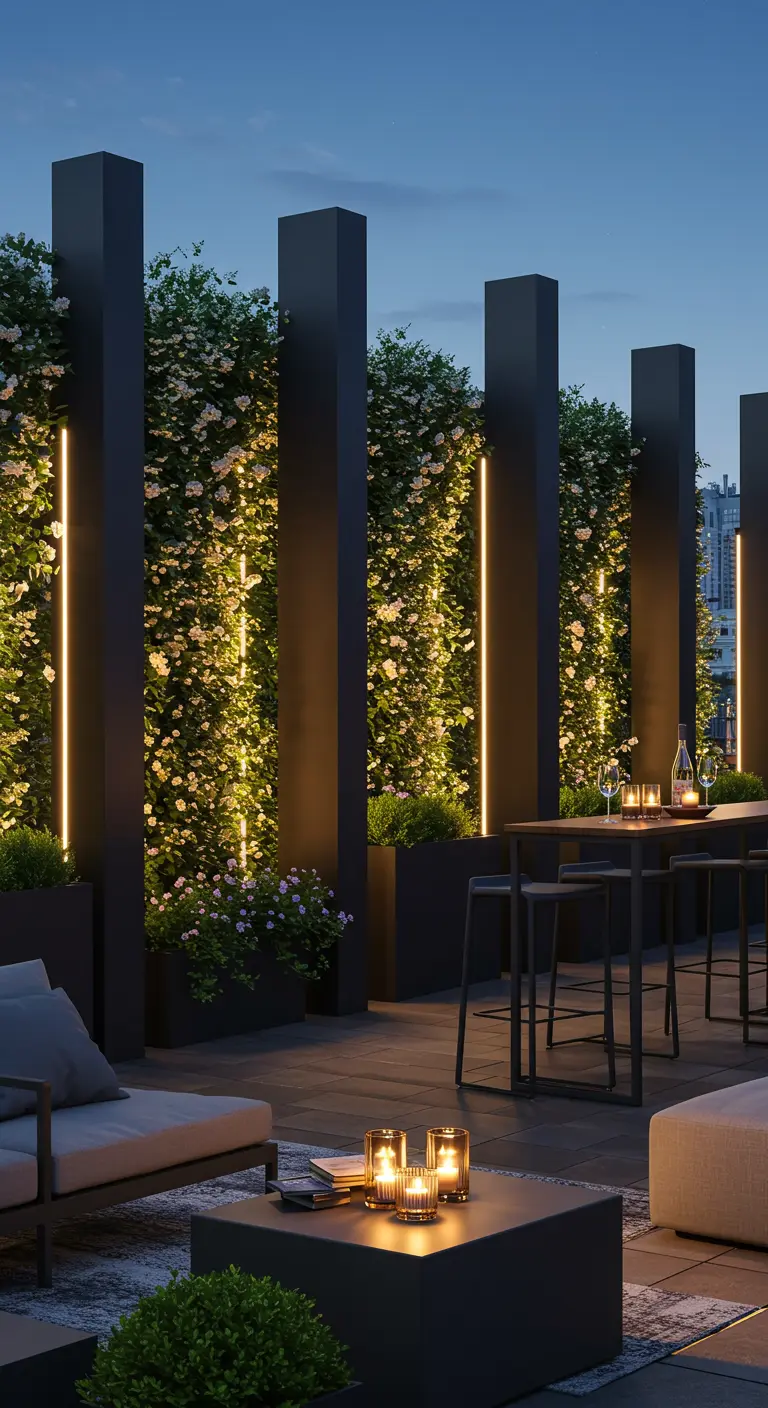 Dachterrasse bei Nacht mit dunklen Säulen, integrierten LED-Streifen und üppiger Bepflanzung.