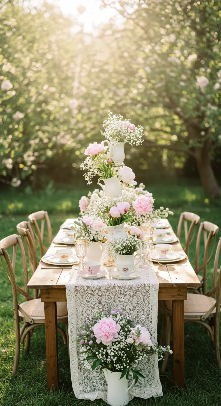 Gestapelte Teetassen und Krüge als florales Tisch-Mittelstück im Garten.