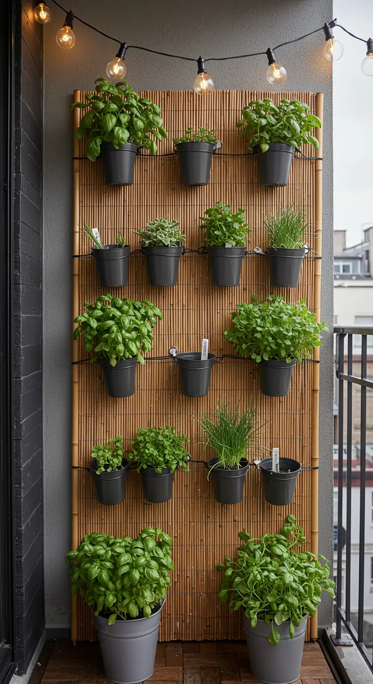 Ein an einer Bambusmatte befestigter vertikaler Garten mit vielen verschiedenen Kräutern in grauen Töpfen.