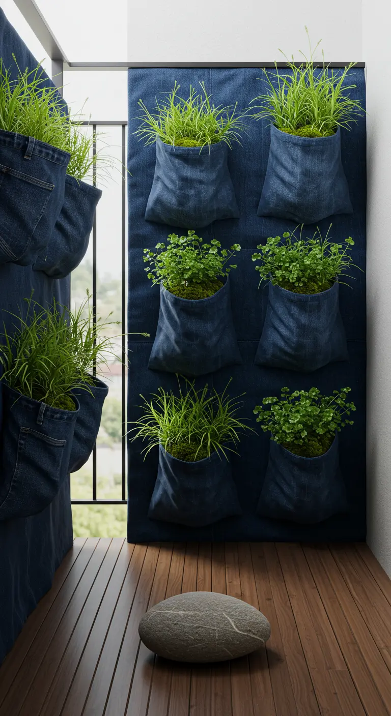 Eine große Wand aus dunklem Denim mit aufgenähten Taschen, bepflanzt mit grünen Gräsern.