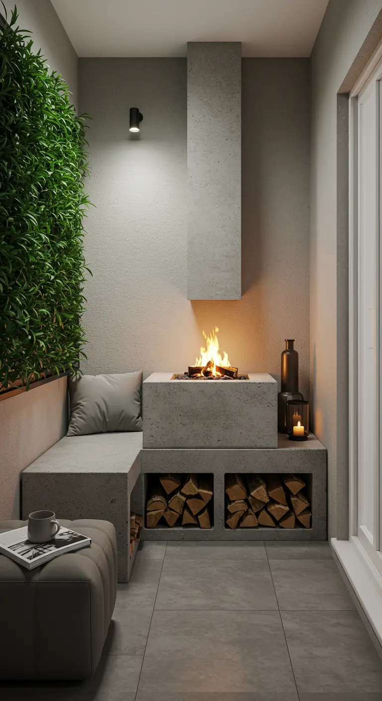 Kompakte Beton-Feuerstelle mit Sitzbank und Kamin auf einem schmalen Balkon.