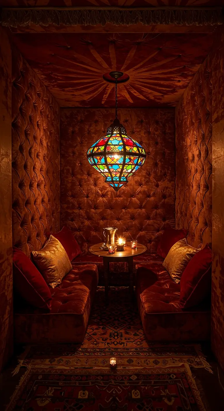 Kleine, gemütliche Nische mit Samtsofas und einer einzelnen, bunten Mosaik-Hängelampe.