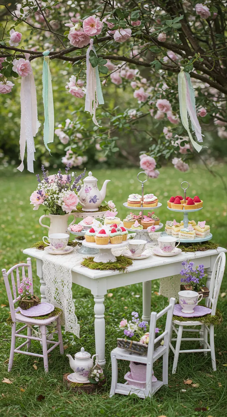 Märchenhafte Teeparty im Garten mit blumigem Porzellan, Spitzenbändern und Moos-Deko