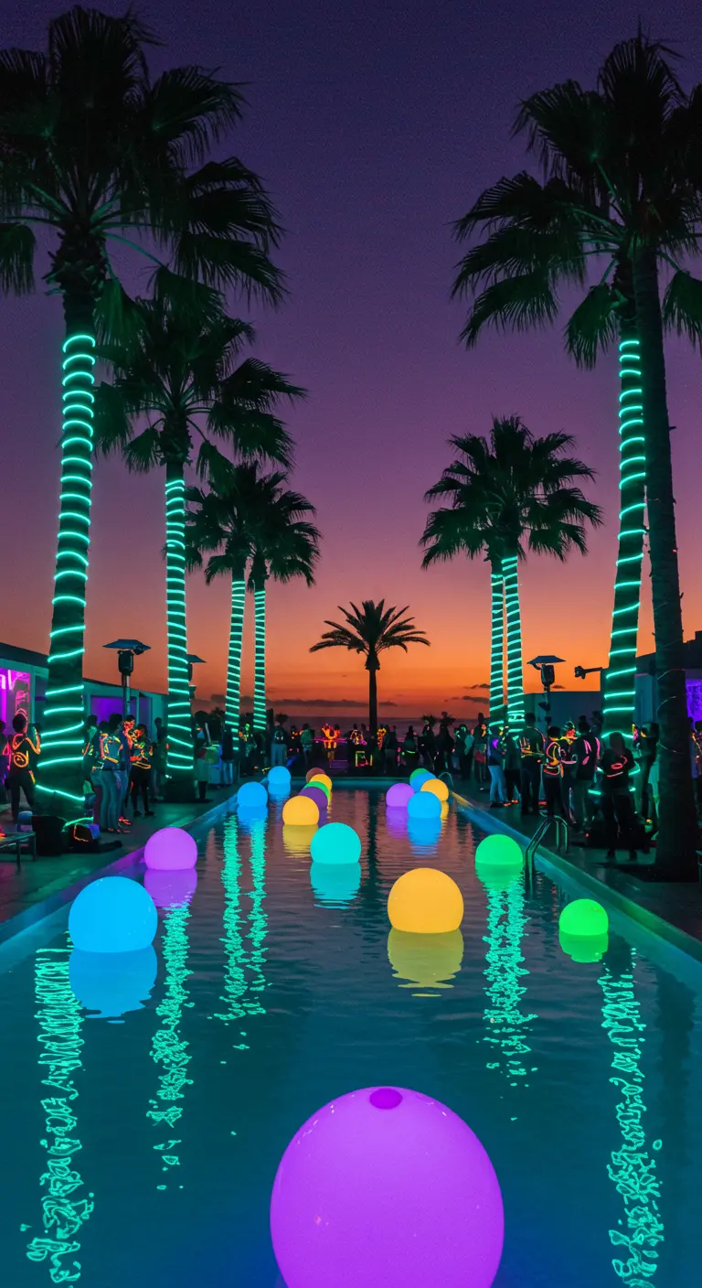Ein Pool bei Sonnenuntergang, gefüllt mit leuchtenden Kugeln und von Palmen gesäumt.