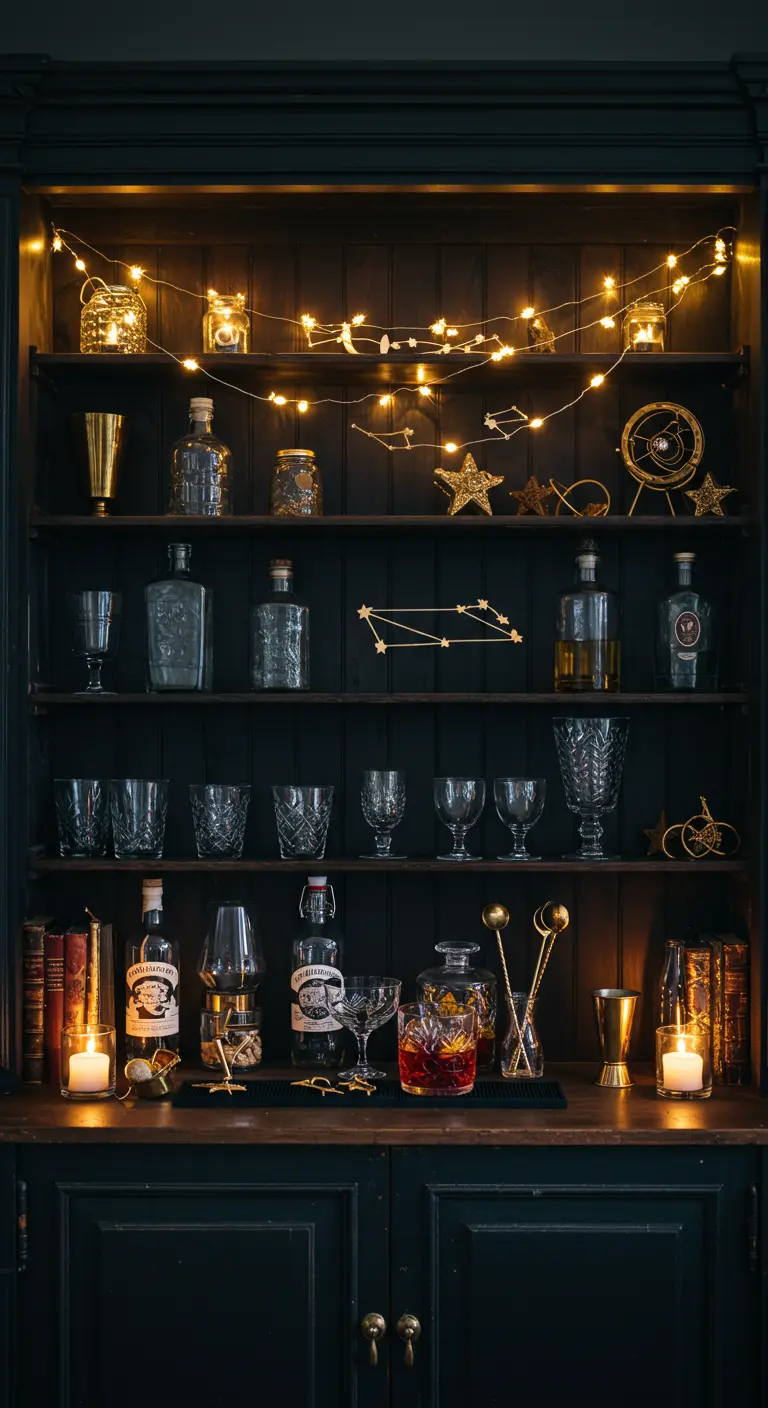 Dunkles Holzregal, gefüllt mit Gläsern und Flaschen, dekoriert mit einer Sternenlichterkette.