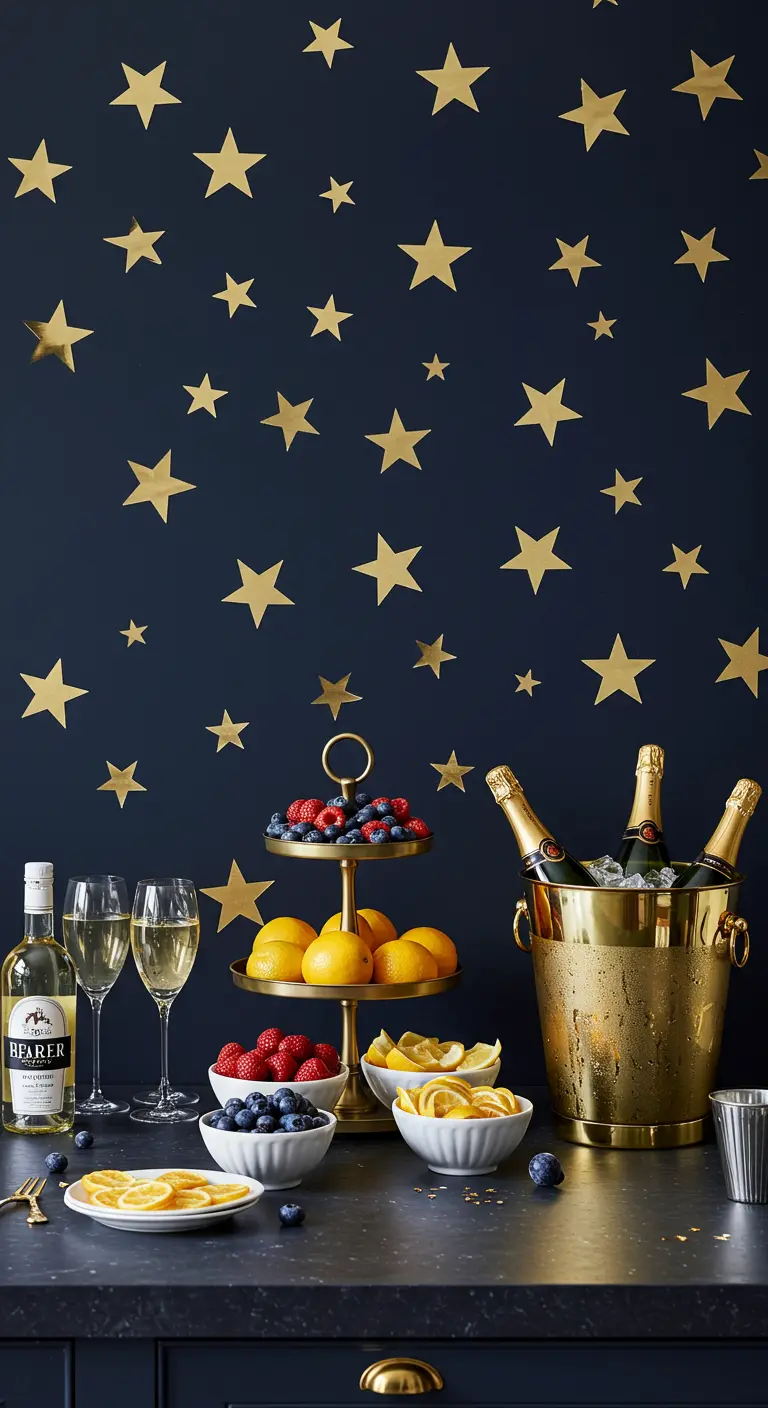 Eine dunkelblaue Wand mit goldenen Sternen als Hintergrund für eine Champagner-Bar.