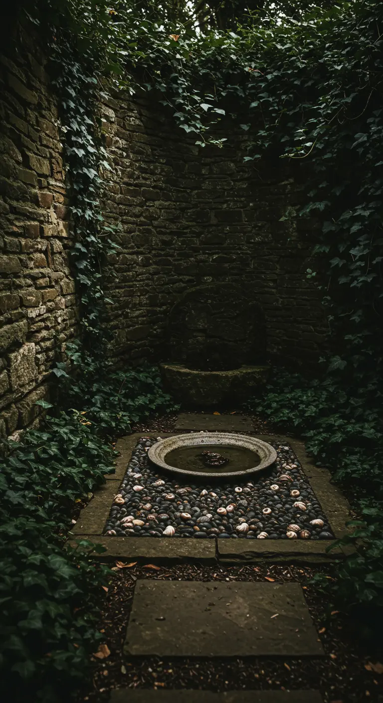 Flache Betonschale als Vogelbad, umgeben von hunderten von Schneckenhäusern in einer Steinnische.