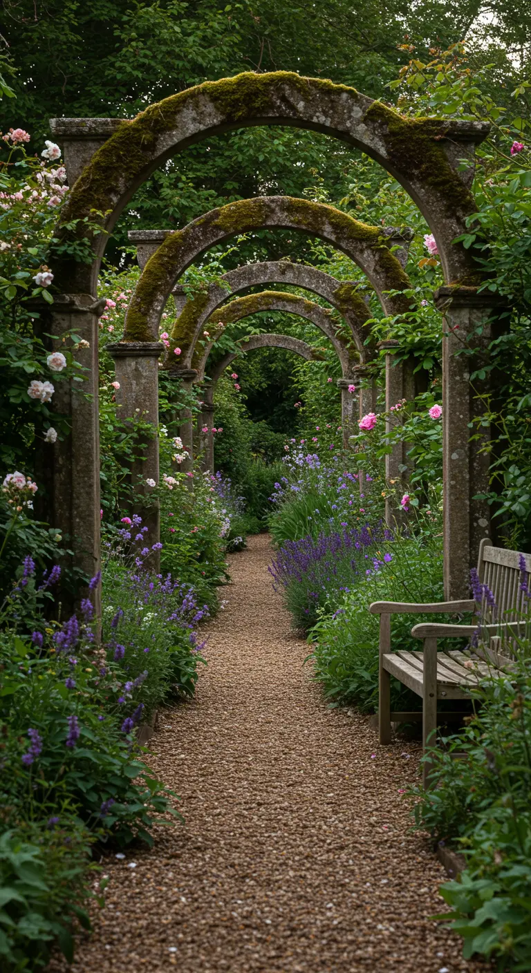 Ein von moosbewachsenen Betonbögen gesäumter Gartenweg mit blühenden Rosen und Lavendel.