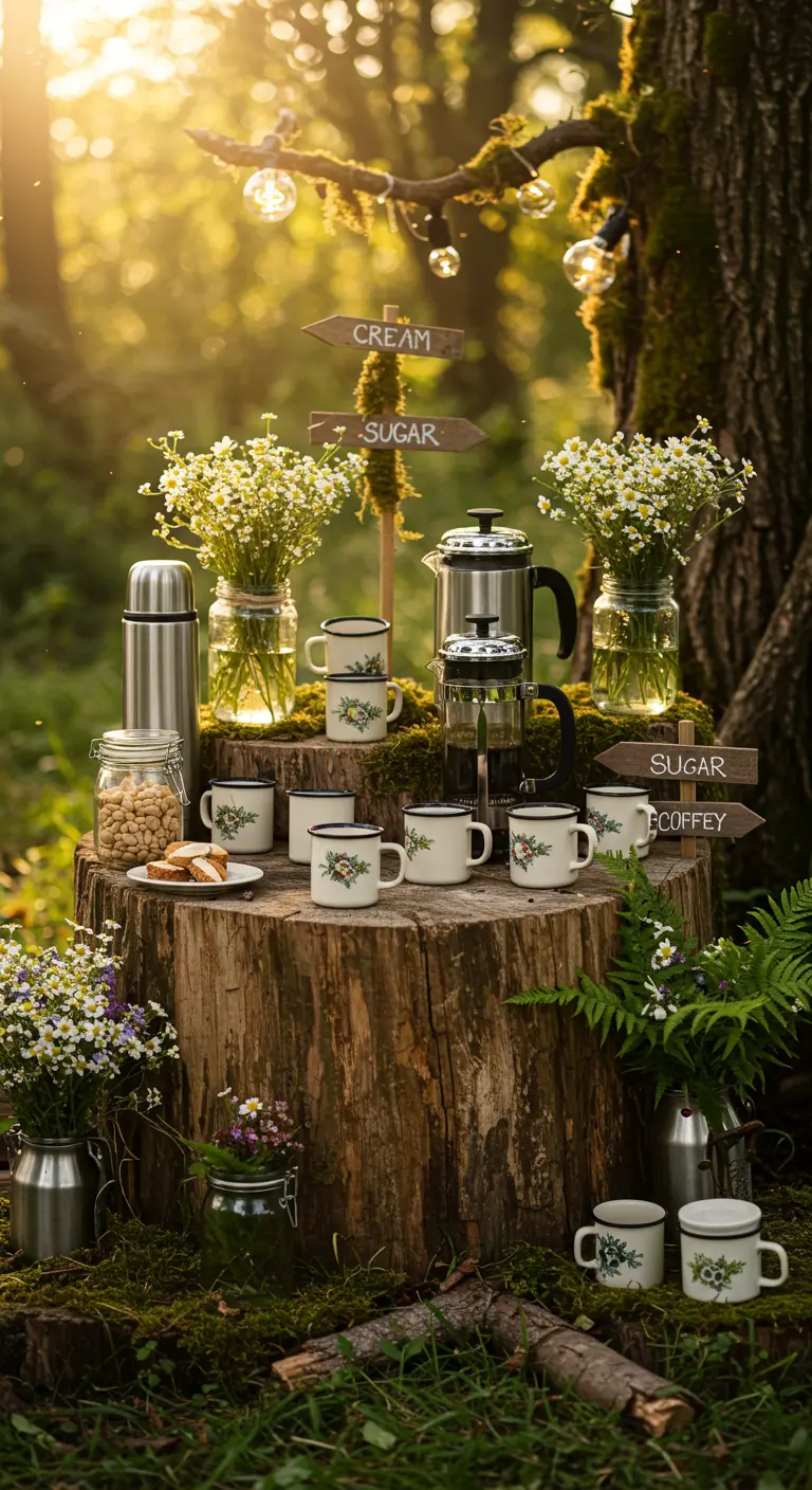 Kaffeebar auf einem Baumstumpf im Wald, umgeben von Moos, Wildblumen und Emaille-Tassen.