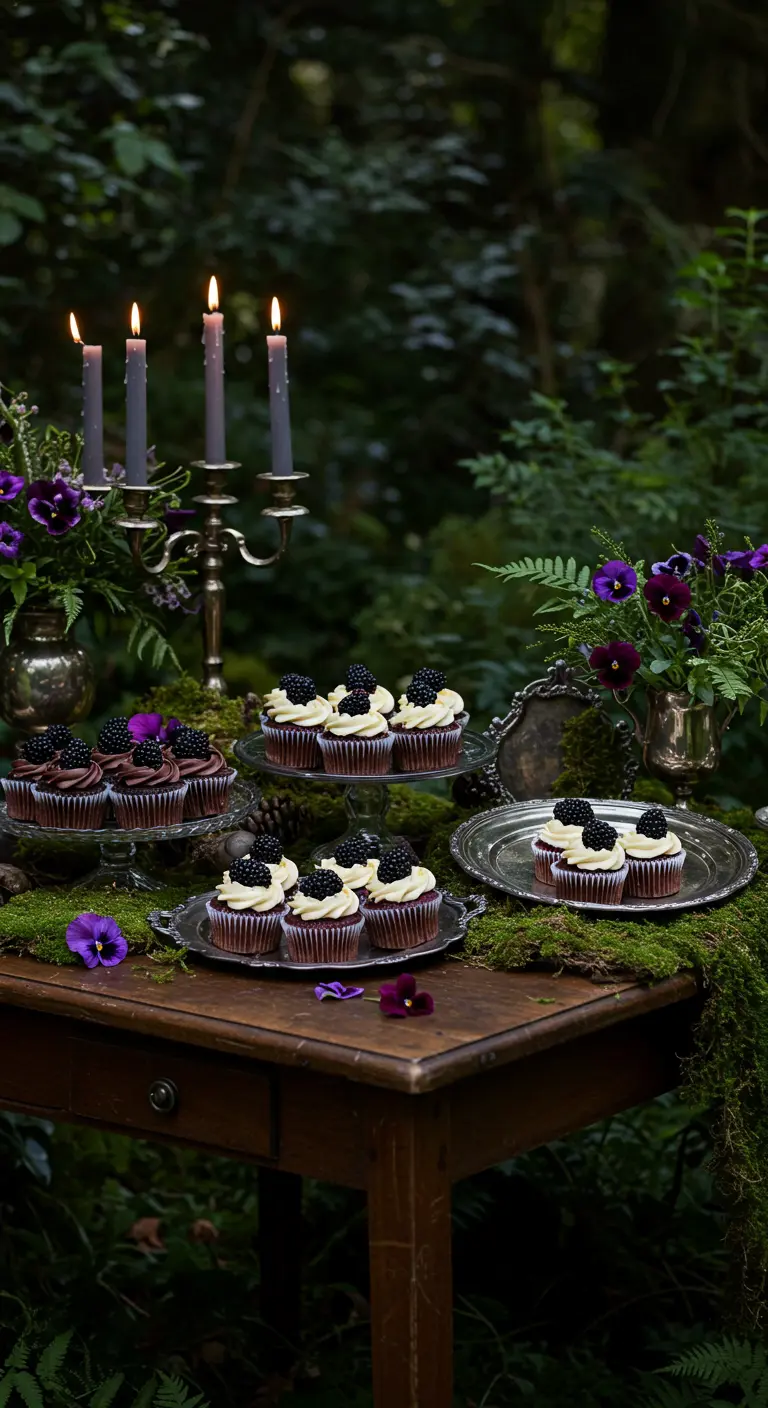 Düster-romantischer Desserttisch im Wald mit Brombeer-Cupcakes und Kerzenlicht.