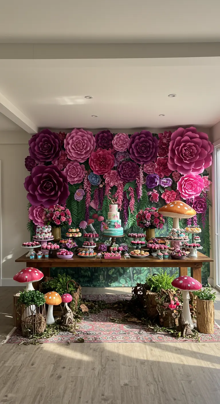 Opulente Papierblumenwand in Pink und Violett hinter einem Desserttisch mit Walddeko.