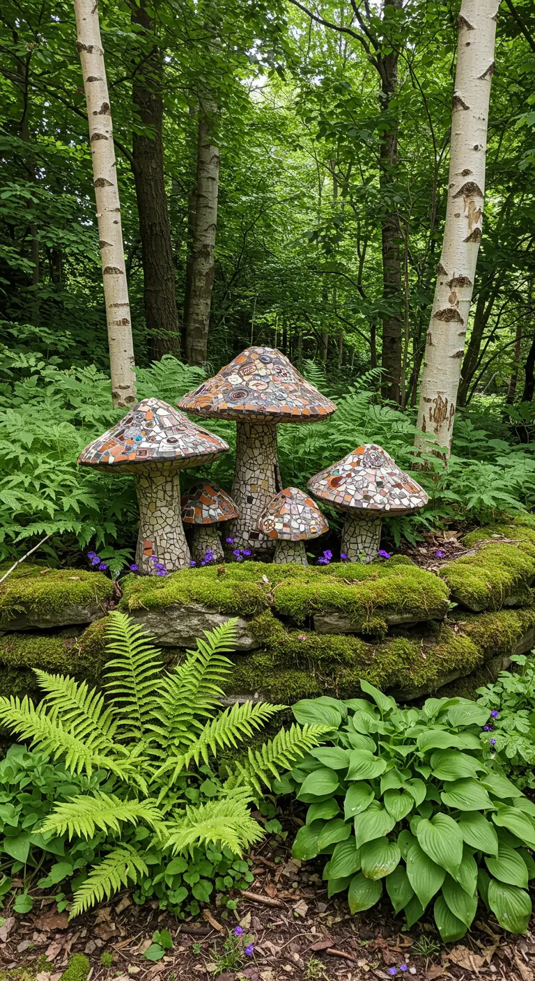 Eine Gruppe von Mosaik-Pilzen aus Erdtönen, umgeben von Moos und Farnen im Wald.