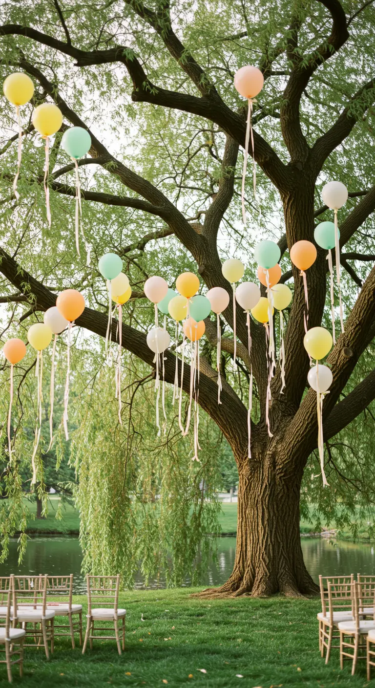 Pastellfarbene Heliumballons mit langen Bändern in den Ästen eines Baumes