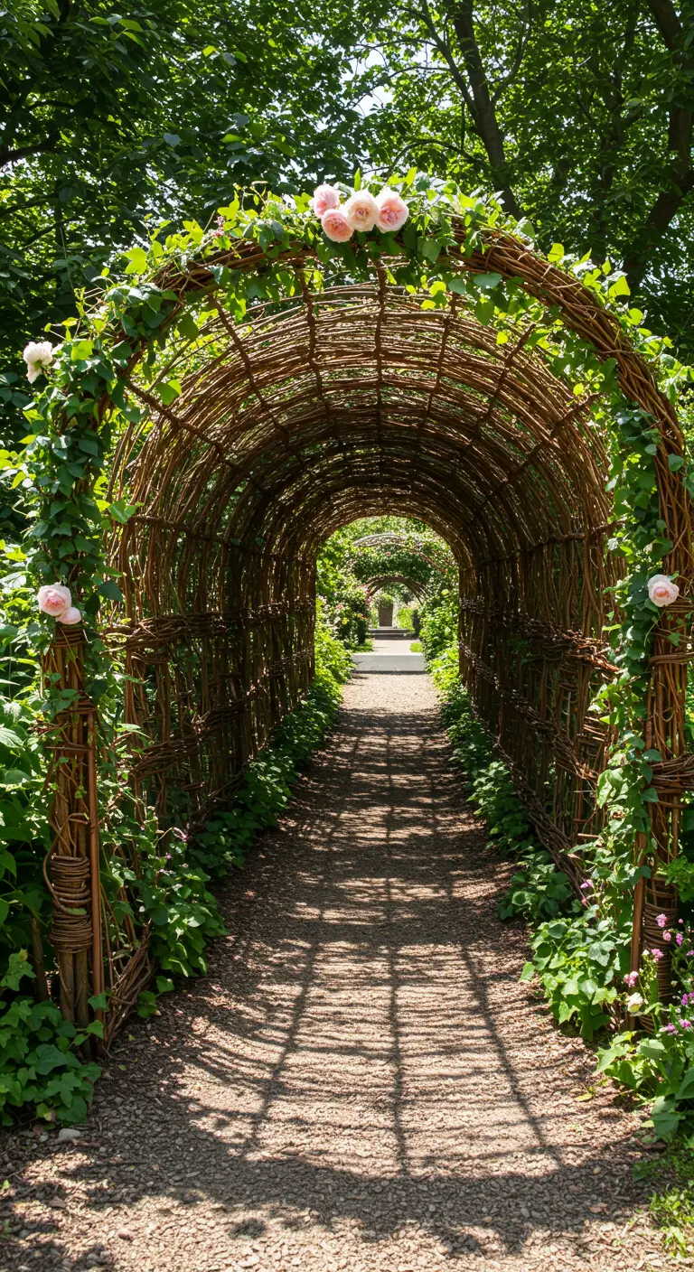 Ein langer, gewölbter Tunnel aus geflochtenen Weidenzweigen, bewachsen mit Efeu und Rosen.