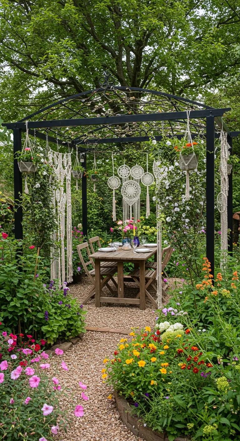 Makramee-Traumfänger und Pflanzenhänger an einer schwarzen Pergola in einem blühenden Garten.