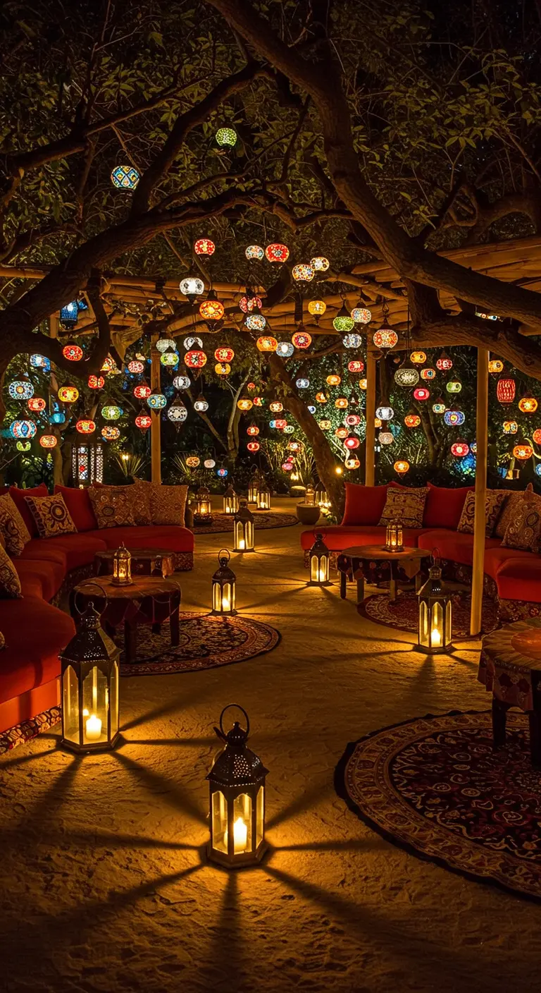 Garten bei Nacht, beleuchtet von unzähligen bunten Mosaik- und Metalllaternen.