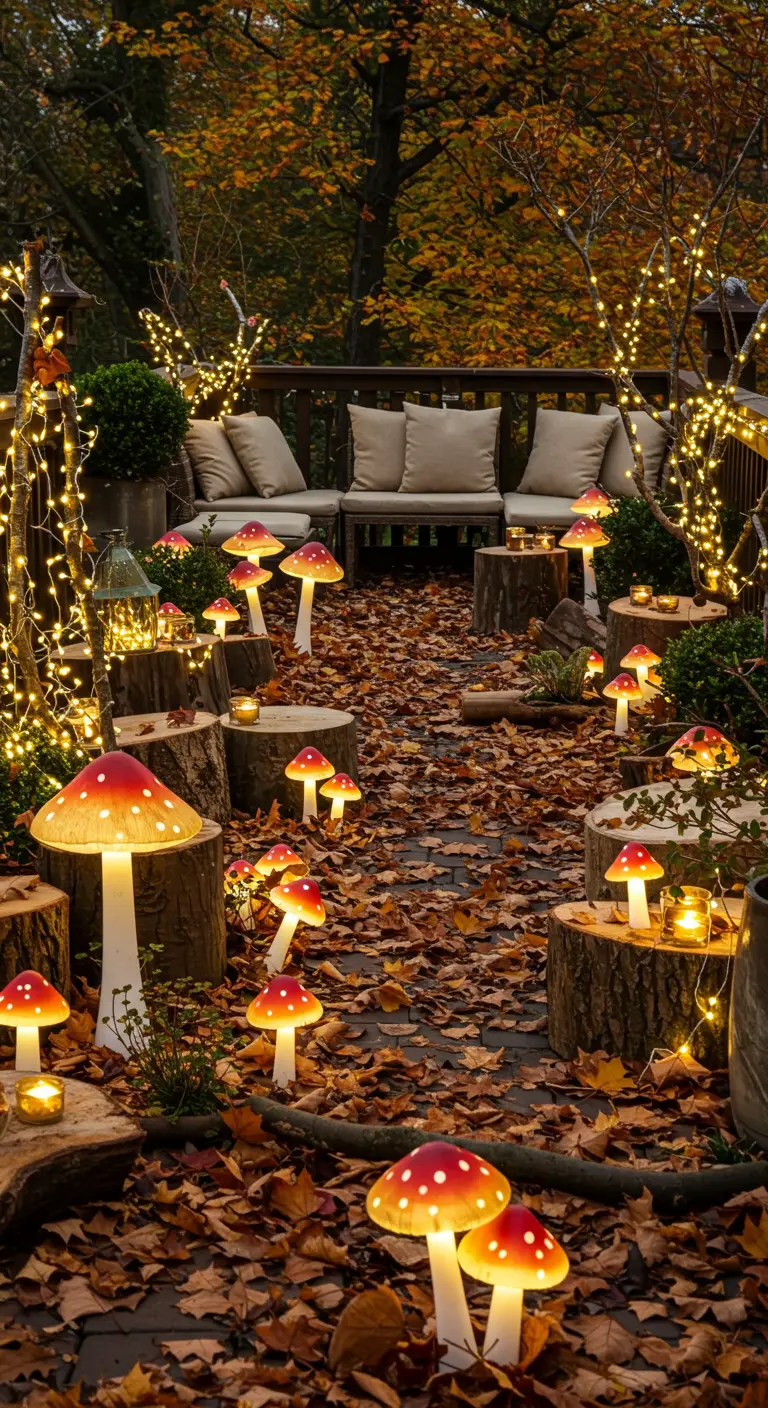 Terrasse, dekoriert mit leuchtenden Pilz-Lampen, Laub und Baumstümpfen