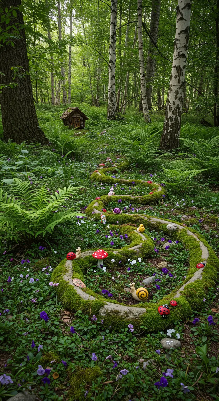 Eine mit Moos bewachsene Steinschlange schlängelt sich durch einen waldigen Garten voller Farne.