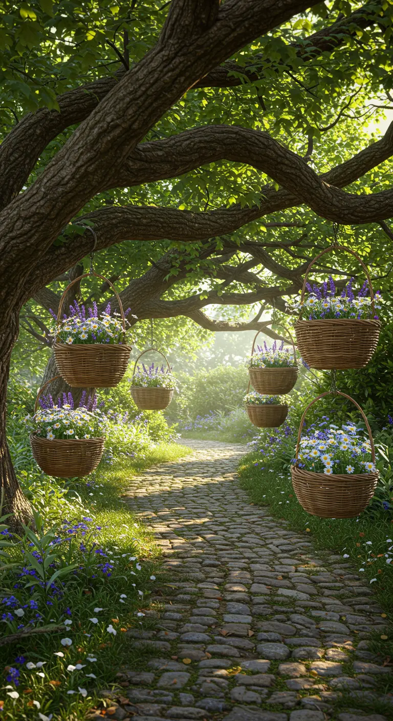 Blumenkörbe mit Lavendel und Gänseblümchen hängen von einem Baum über einem alten Steinpfad.