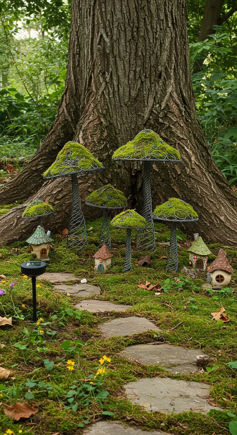 Eine Gruppe von Pilz-Skulpturen aus Draht und Moos am Fuße eines Baumes.