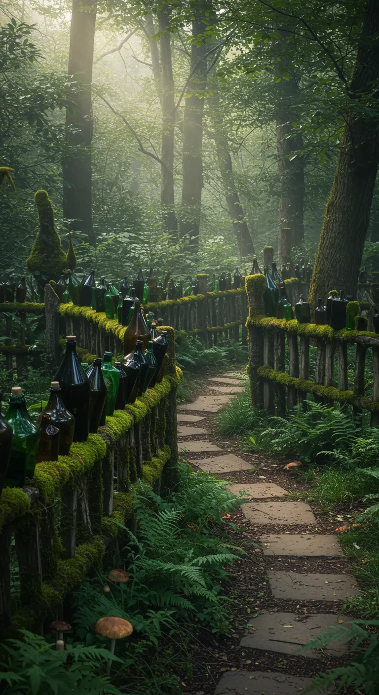 Ein alter, moosbewachsener Holzzaun mit aufgesteckten Glasflaschen in einem nebligen Wald.
