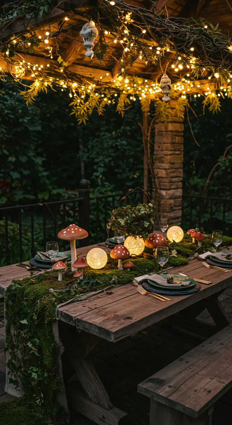 Rustikaler Holztisch im Freien mit Moos-Tischläufer, leuchtenden Pilzen und Lichterketten.