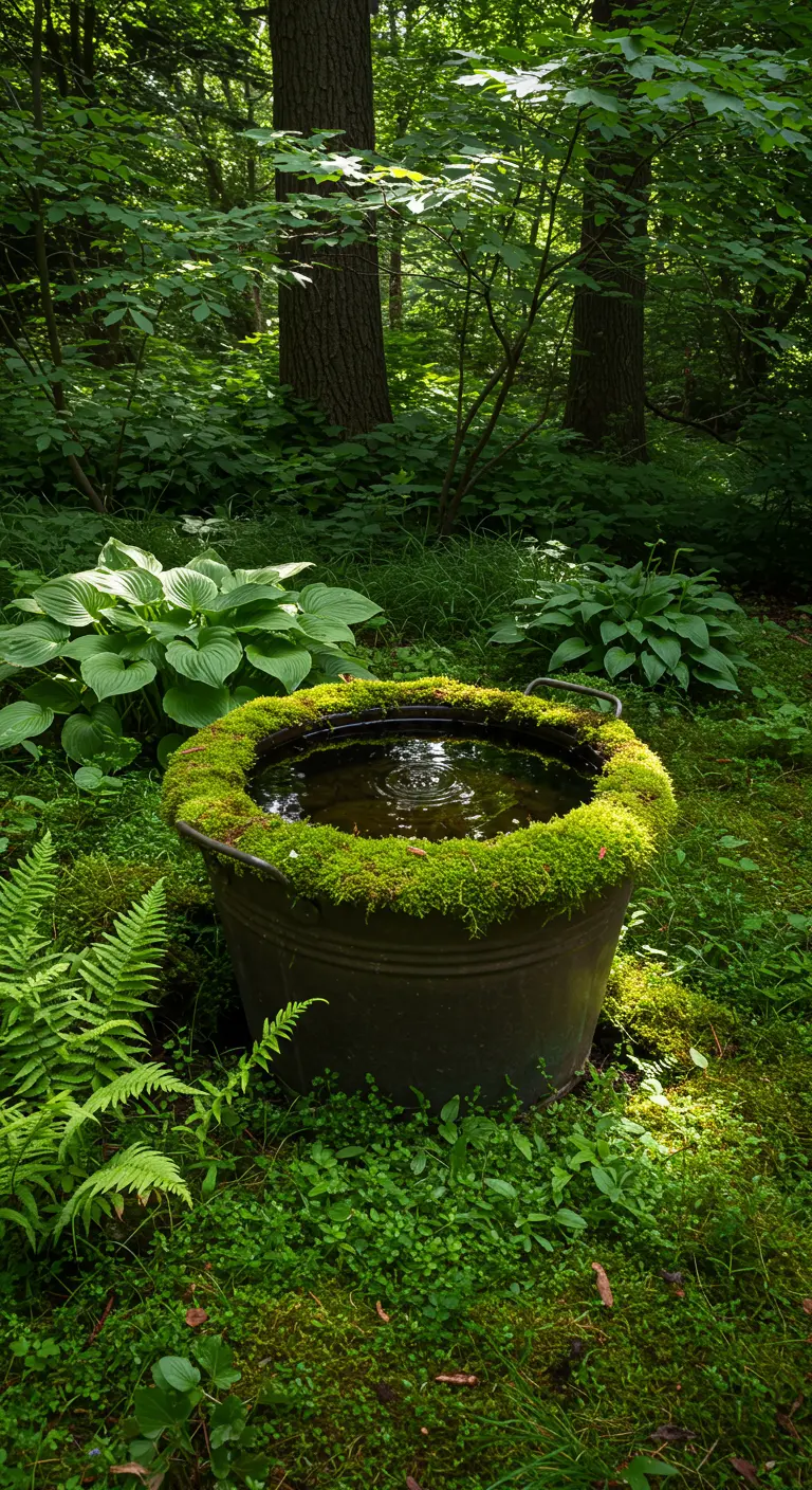 Ein alter Metalleimer mit bemoostem Rand steht in einer schattigen, waldigen Gartenecke.