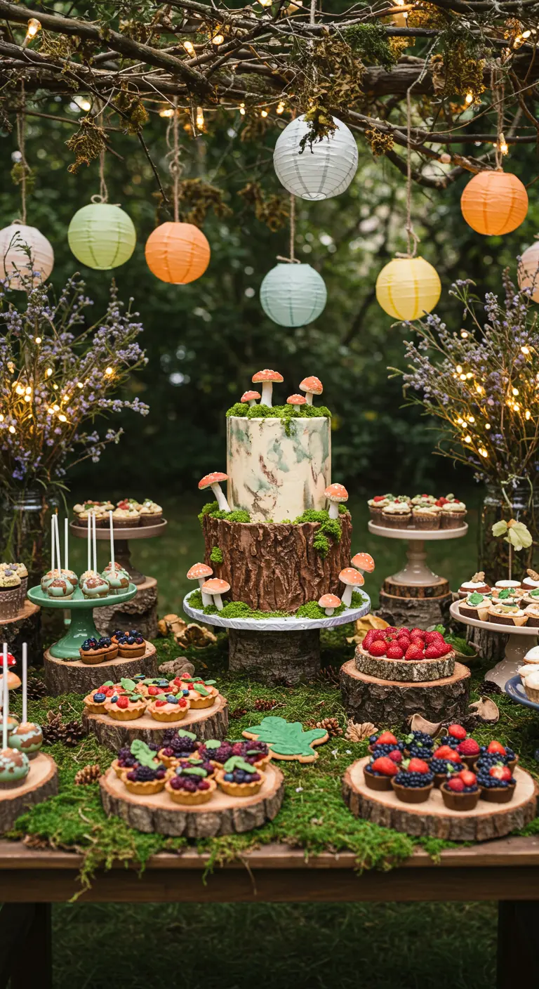 Märchenhafter Desserttisch im Wald-Stil mit einer Torte, die wie ein Baumstumpf aussieht.