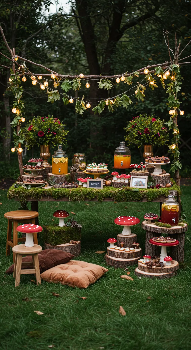 Märchenhaftes Waldbuffet mit Moos, Holzstämmen, Fliegenpilzen und Lichterketten im Grünen