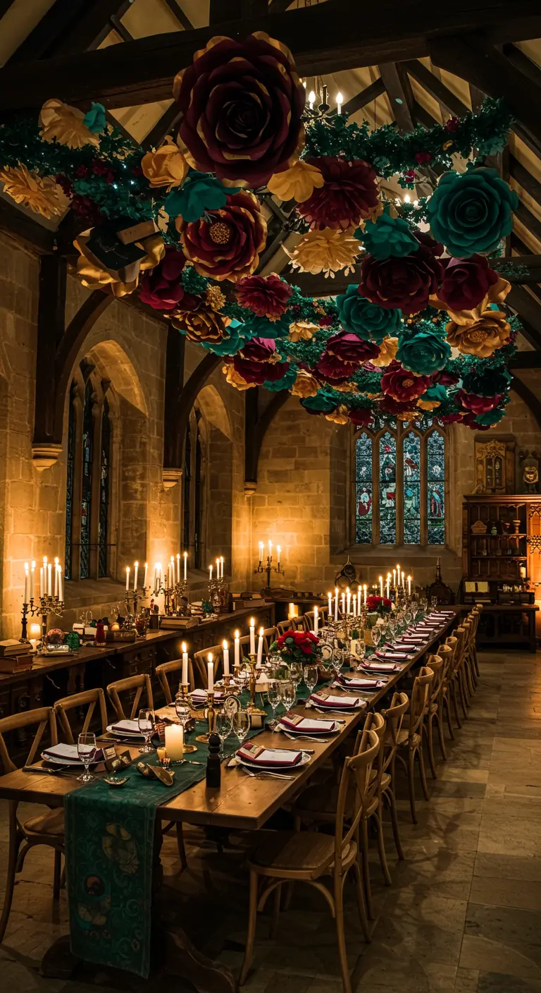 Große Papierrosen in Juwelentönen hängen über einer langen Festtafel in einem Saal.