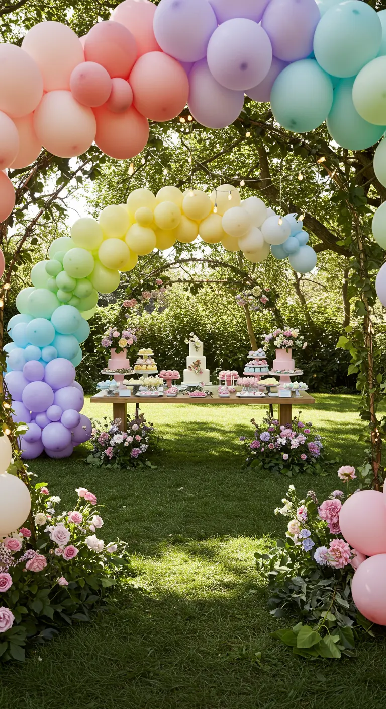 Vollständiger Regenbogen-Ballonbogen über einem Desserttisch in einem üppig grünen Garten.