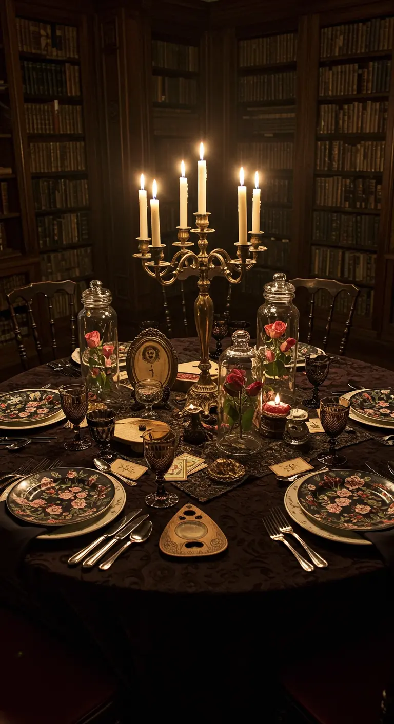 Dunkel gedeckter Tisch mit Rosen unter Glasglocken und einem Ouija-Brett in einer Bibliothek.
