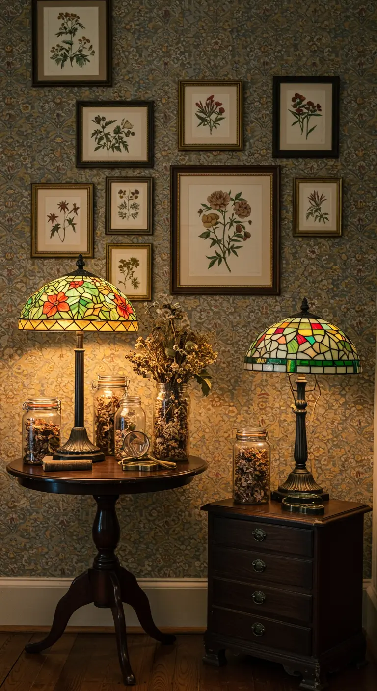 Eine gemütliche Ecke mit botanischen Drucken, Tiffany-Lampen und getrockneten Blumen.