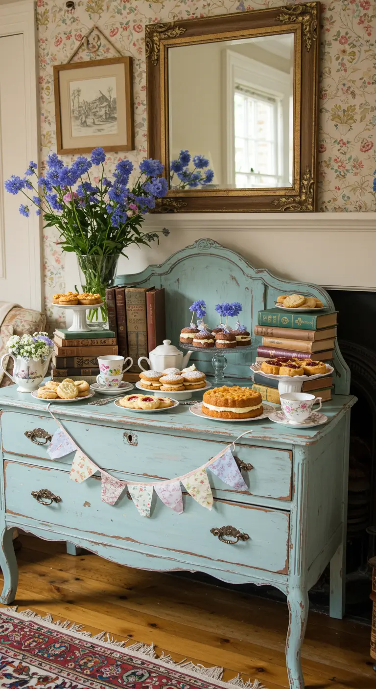 Eine alte, blau gestrichene Kommode dient als Sweet Table, dekoriert mit Büchern und Vintage-Geschirr.