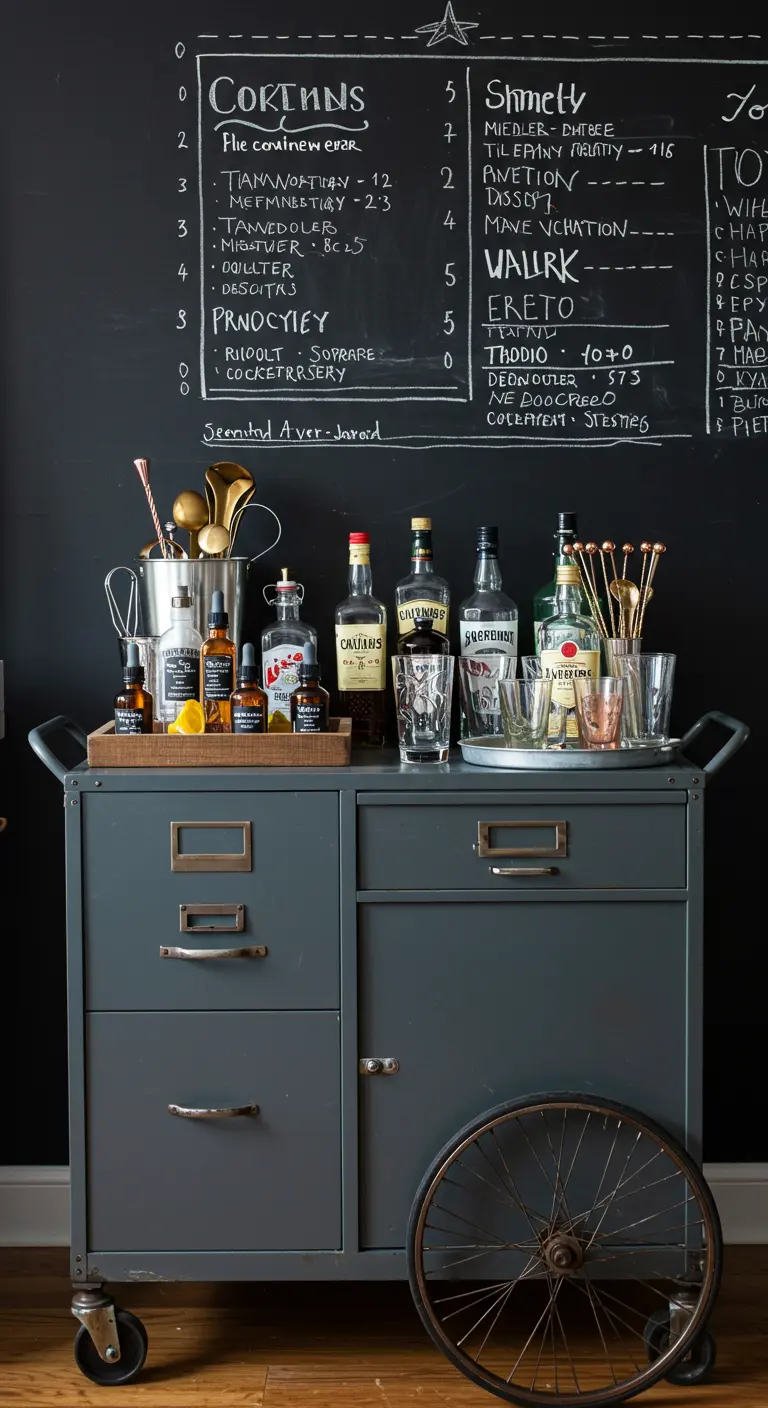 Ein grauer, umfunktionierter Aktenschrank als Barwagen vor einer Tafelwand mit Cocktail-Menü