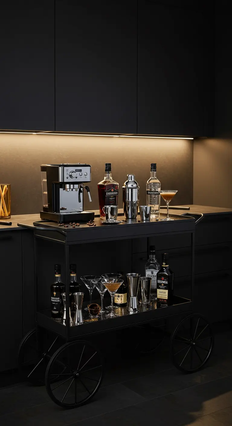 Schwarzer Barwagen in einer dunklen Küche, ausgestattet mit Espressomaschine für Espresso Martinis