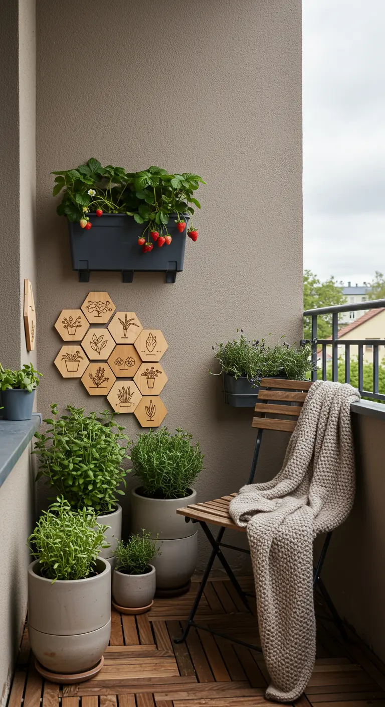 Bienenwabenförmige Holzschilder mit Kräuter-Gravuren an einer Balkonwand.