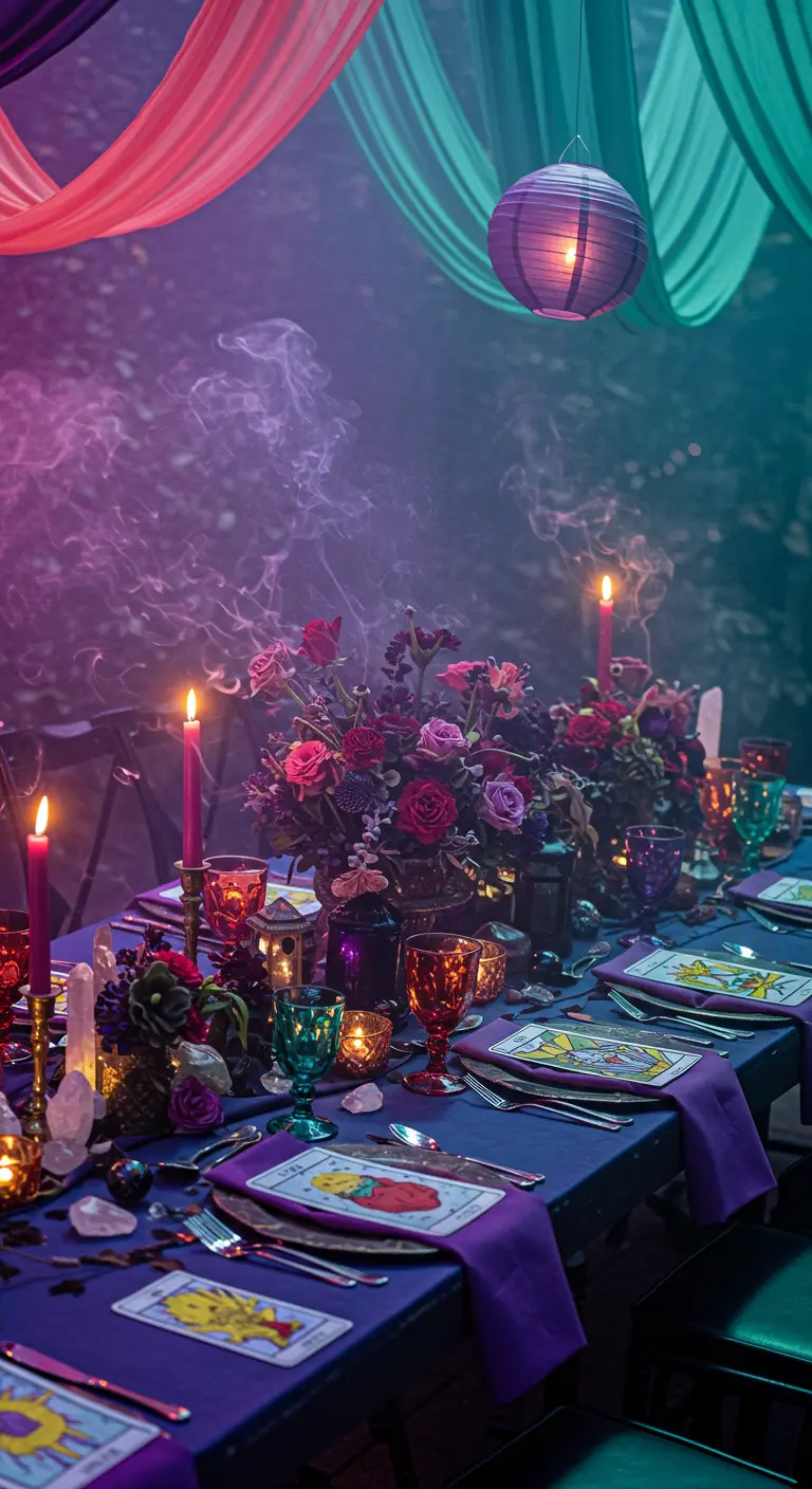 Farbenfroher Tisch in Violett- und Rosatönen mit Tarotkarten und bunten Gläsern.