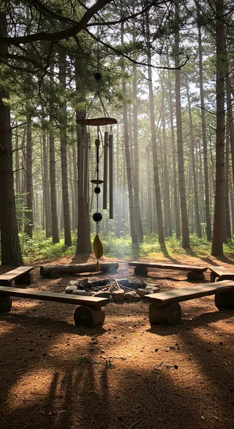 Rustikales Windspiel aus Metall und Holzperlen hängt über einer Feuerstelle im Wald.