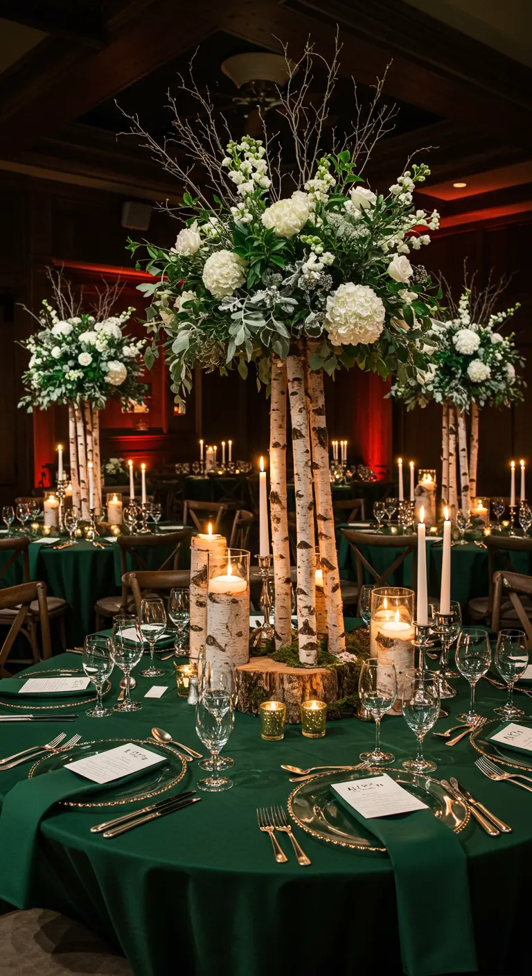 Elegante Festtafel mit grüner Tischdecke und Tischdeko aus Birkenstämmen.