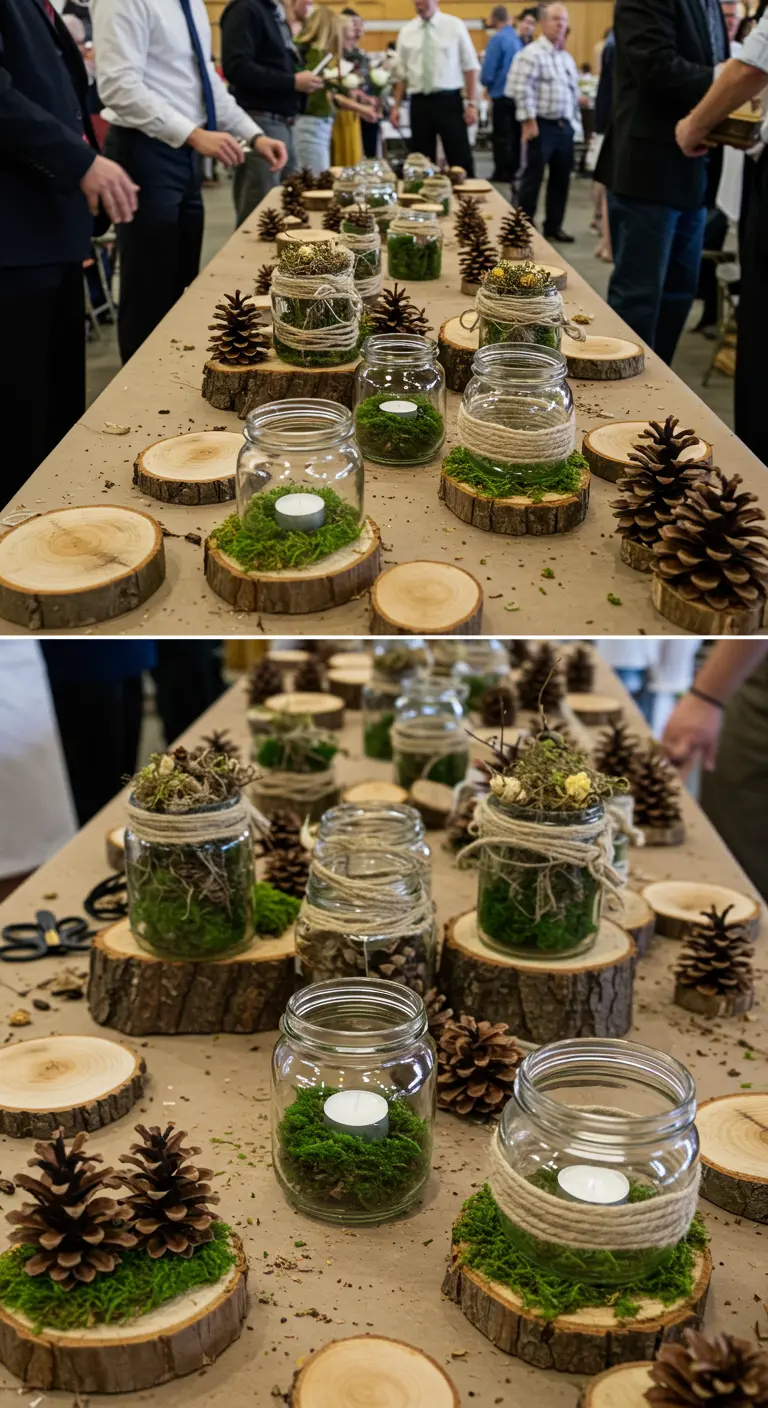 DIY-Tischdeko aus Einmachgläsern mit Moos und Teelichtern auf Holzscheiben.