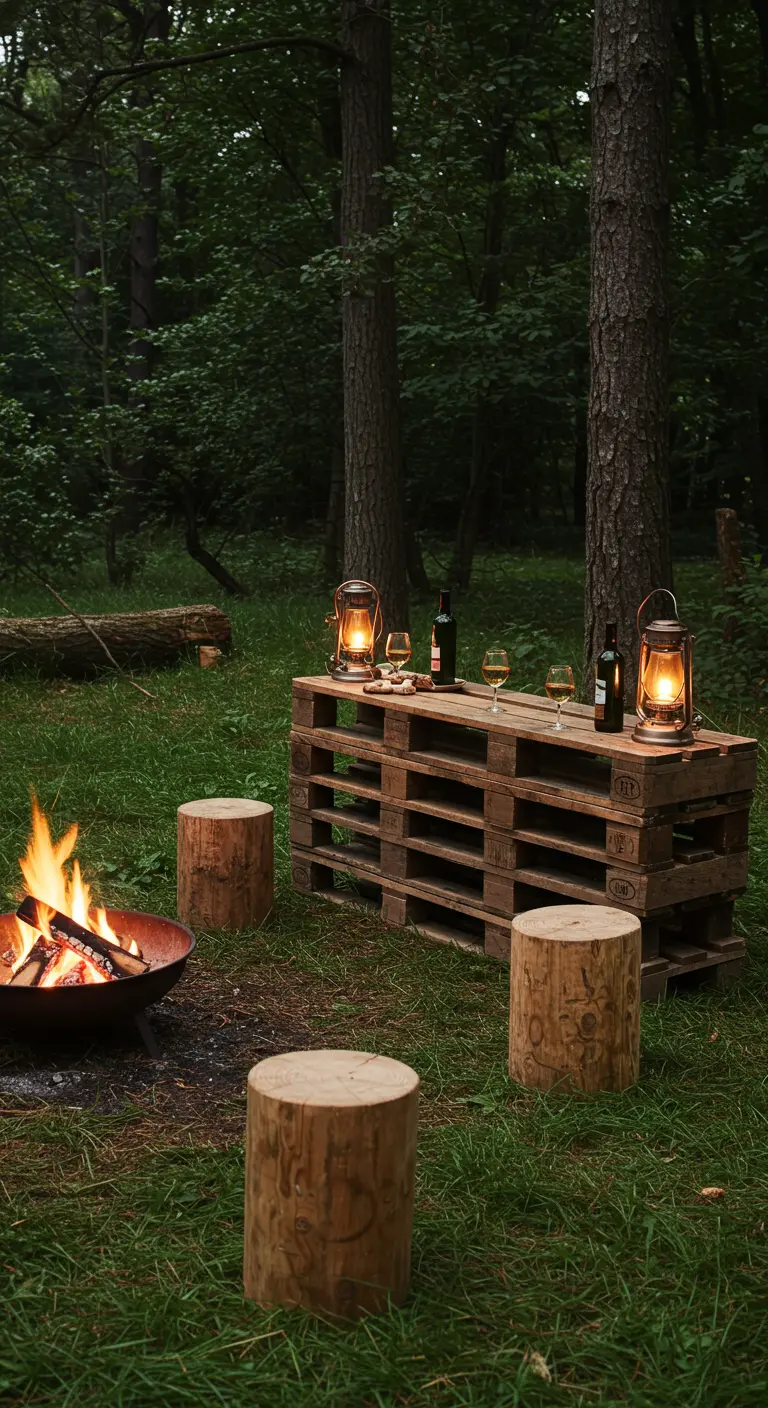 Einfache Palettenbar im Wald neben einer Feuerstelle mit Baumstumpf-Hockern.