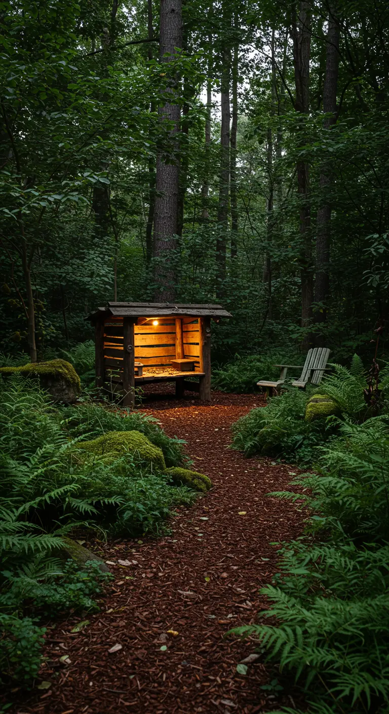 Rustikaler Futterunterstand aus Holz, sanft beleuchtet in einem Wald.