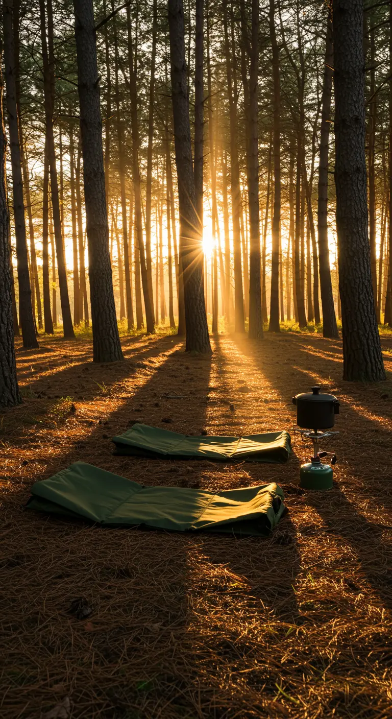 Zwei olivgrüne Matten auf dem Waldboden, die Sonne scheint durch die Bäume.