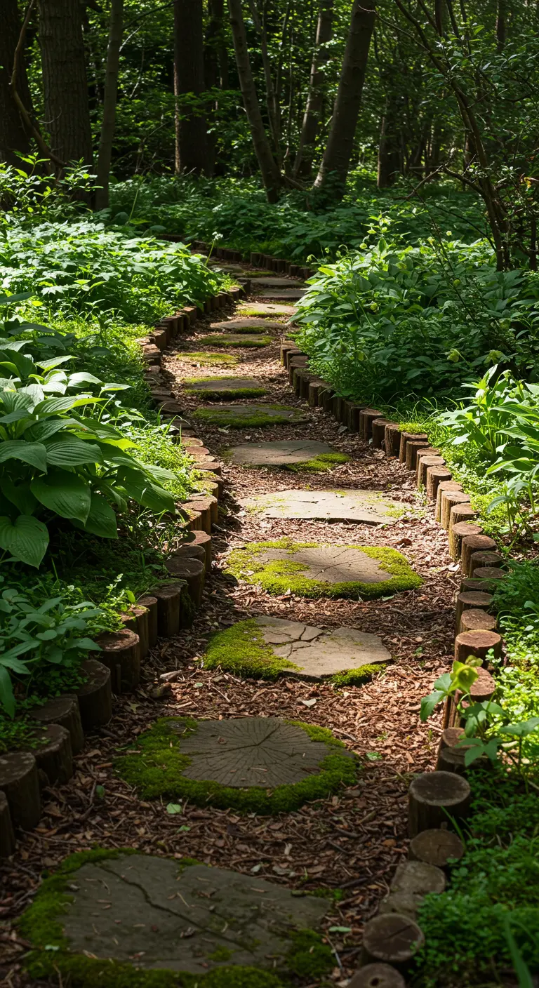 Ein gewundener Gartenpfad aus Trittsteinen, gesäumt von runden Holzpollern und Moos.