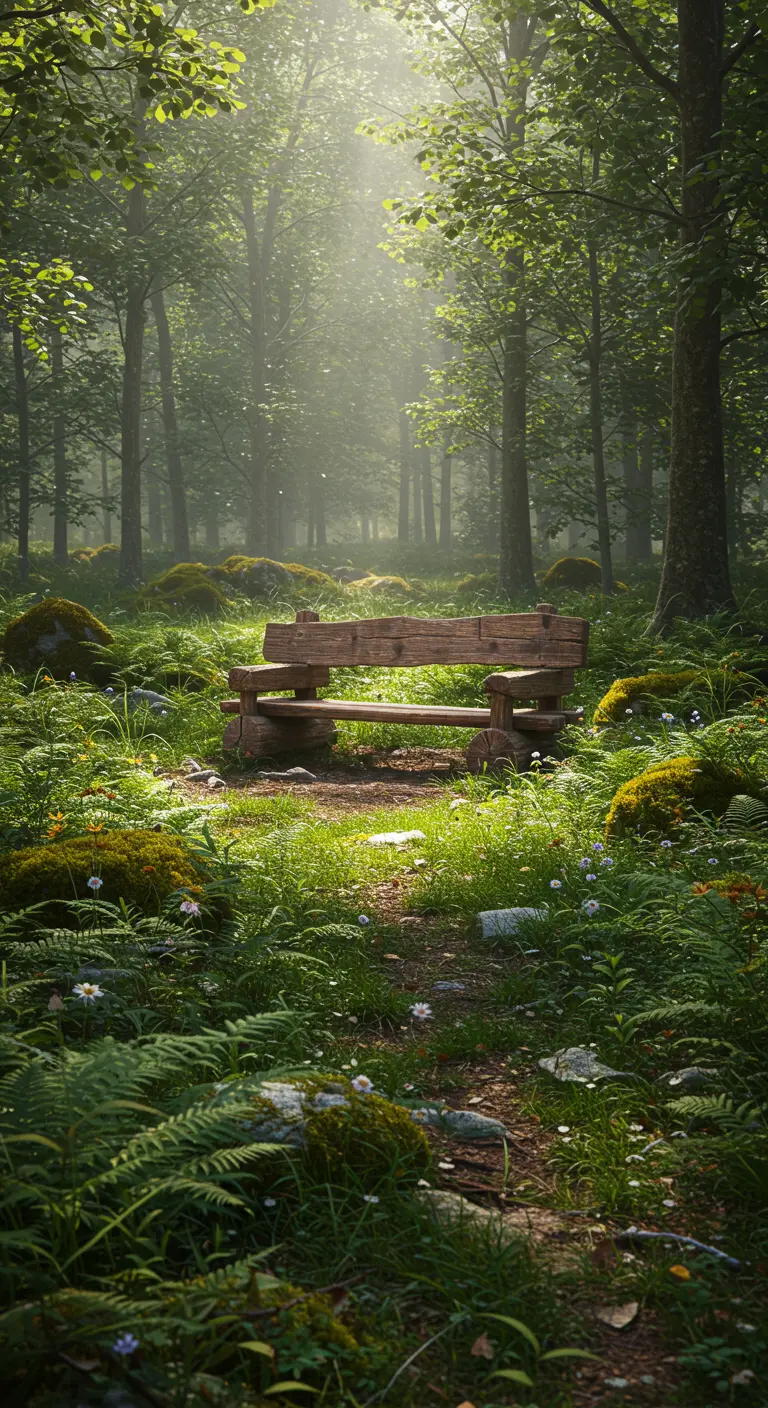 Sehr rustikale Bank aus einer groben Holzbohle und Baumstämmen in einer Waldlichtung.