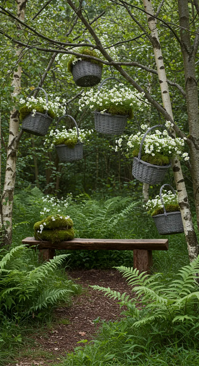 Grau gefärbte Weidenkörbe mit weißen Blüten hängen an Birkenstämmen in einem Wald.